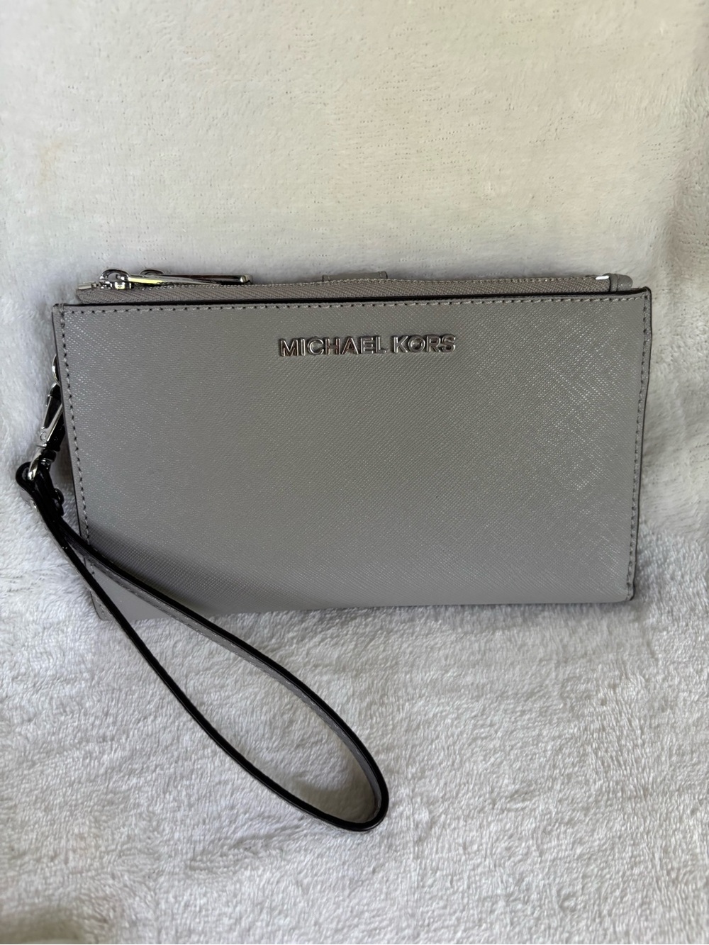 Michael Kors Silver Gray Saffiano Phone Wristlet Wallet